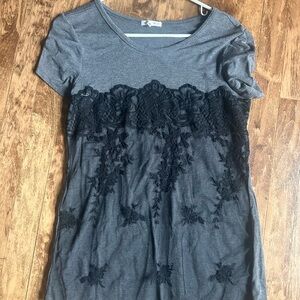 Maurices Gray Short-Sleeve Top with Black Lace Overlay